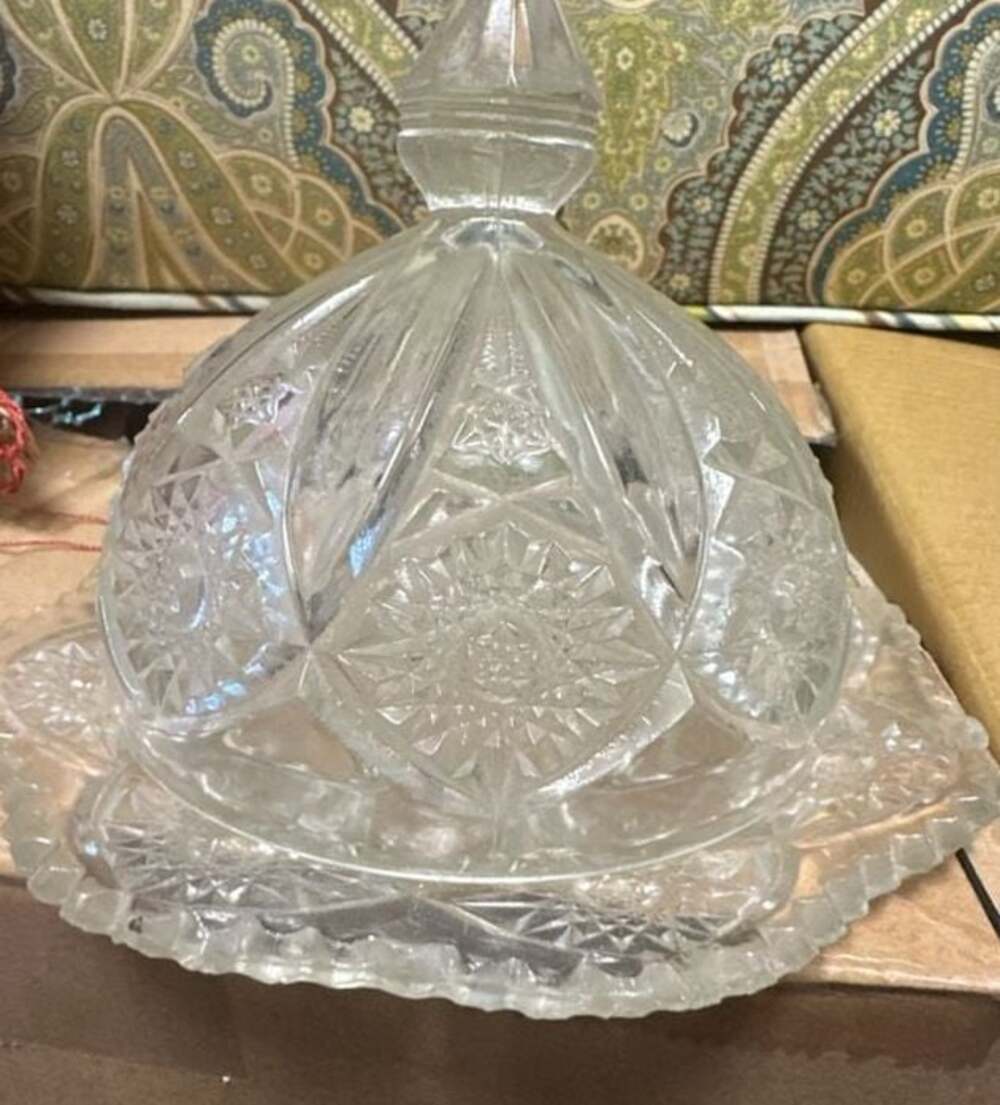 Vintage Cut Glass Clear Lidded Butter Dish, Imperial Cosmos Pattern